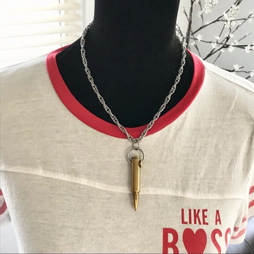 🆕22 Caliber Bullet with a 22 Caliber Bullet Slice Pendant Chain Stainles…